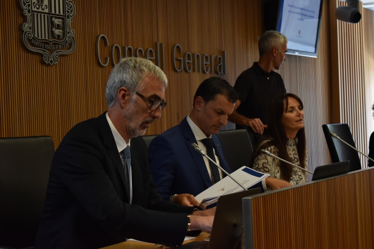 El ministre de Presidència, Economia i Empresa, Jordi Gallardo, i el secertari d'Estat d'Economia, Èric Bartolomé,  moments abans de la compareixença davant la comissió legislativa d'Economia.