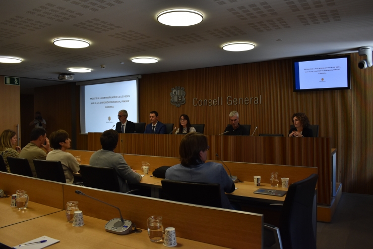 Un moment de la compareixença del ministre de Presidència, Economia i Empresa, Jordi Gallardo, davant la comissió legislativa d'Economia.