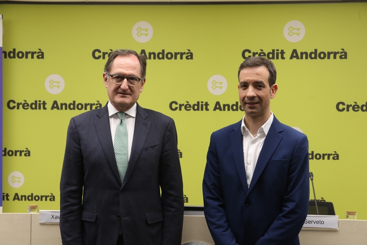 El conseller delegat de Crèdit Andorrà, Xavier Cornella, i el president de la Trobada Empresarial al Pirineu, Josep Serveto, durant la presentació de la 34a Trobada Empresarial al Pirineu.