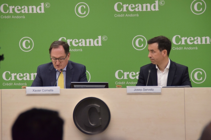 El conseller delegat de Creand Crèdit Andorrà, Xavier Cornella, i el president de la Trobada Empresarial al Pirineu, Josep Serveto, durant la presentació de la 35a Trobada Empresarial al Pirineu.