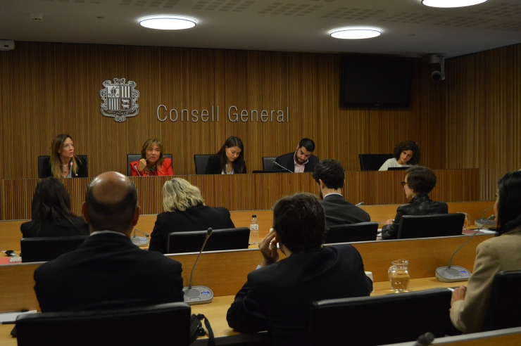 Un moment de la compareixença de les ministres de Salut i  de Presidència, Economia, Treball i Habitatge, Helena Mas i Conxita  Marsol, al davant de la comissió  legislativa d'Economia.
 