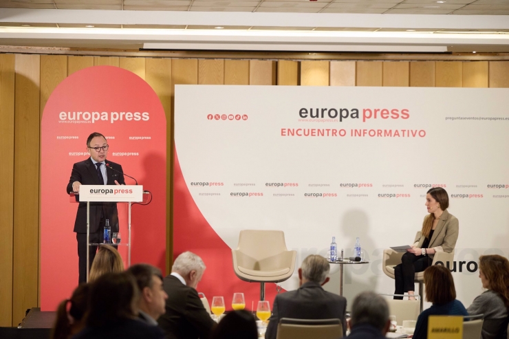 El cap de Govern, Xavier Espot, durant la seva participació en la trobada informativa organitzada per Europa Press a Madrid.