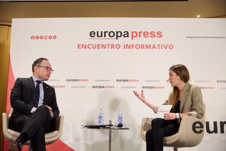 El cap de Govern, Xavier Espot, durant la seva participació en la trobada informativa organitzada per Europa Press a Madrid.