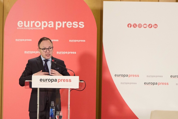 El cap de Govern, Xavier Espot, durant la seva participació en la trobada informativa organitzada per Europa Press a Madrid.