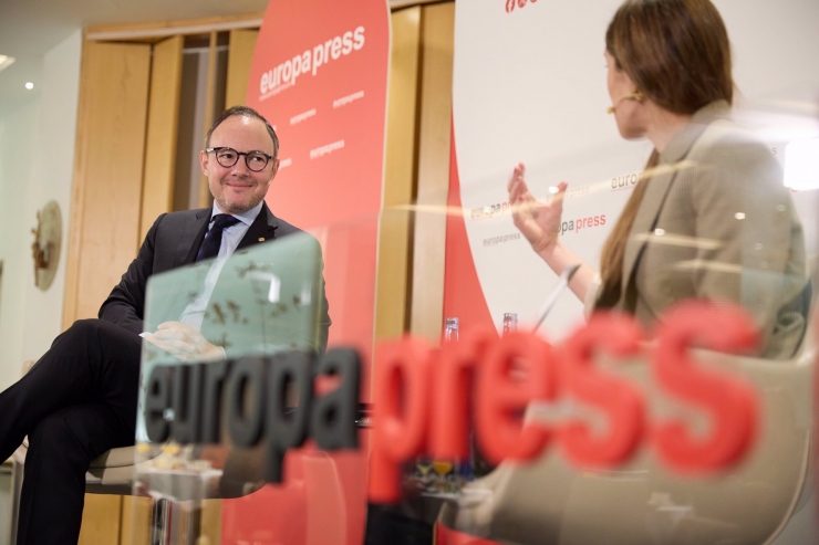 El cap de Govern, Xavier Espot, durant la seva participació en la trobada informativa organitzada per Europa Press a Madrid.